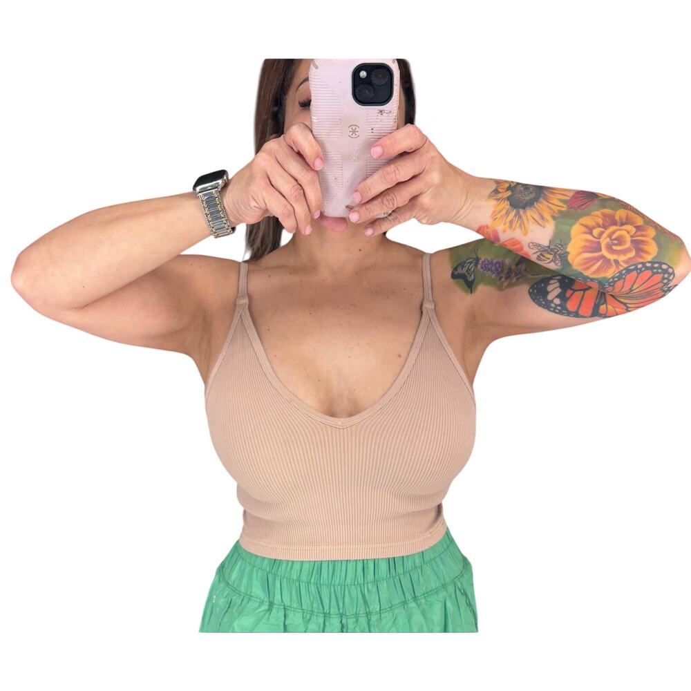 Free People Intimately Ribbed V-Neck Brami Crop Cami Tank Top Taupe Beige